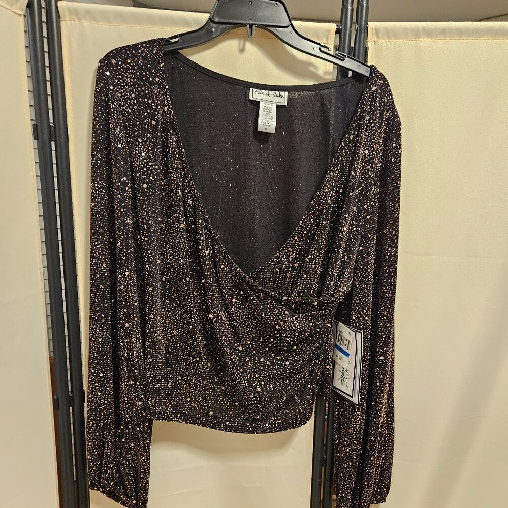 Alex & Sophia Glitter Side-Shirred V-Neck Black and Gold Top